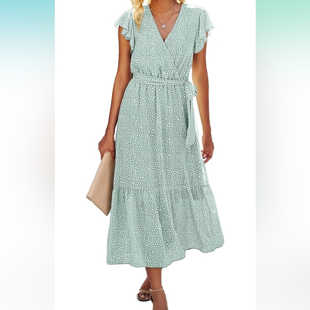 BTFBM Women Summer Floral Casual Wrap V Neck Ruffle Belt A-Line Midi Sun Dress